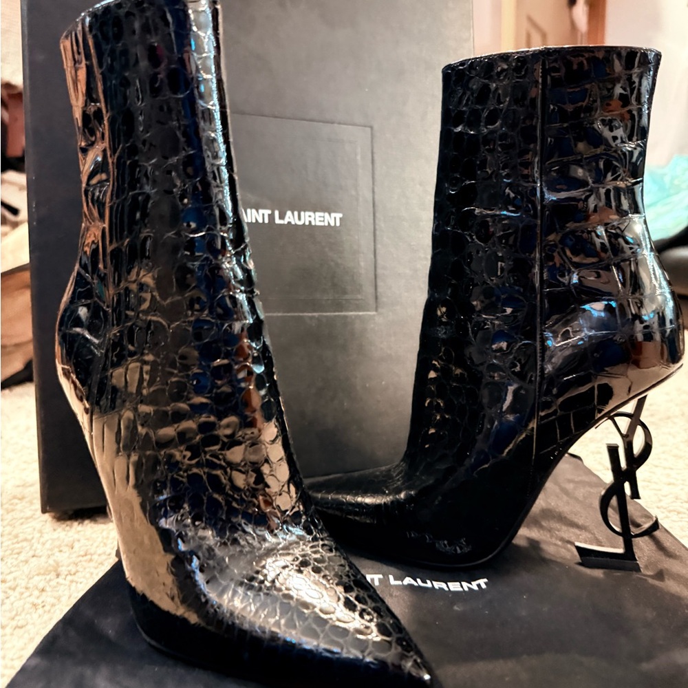 Saint Laurent Glossy Black Croc Heeled Boots - Picture 2 of 5